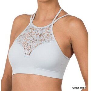 NWOT Zenana Grey Mist High Neck Lace Cutout Bralette Bra Pads Sizes S/M & L/XL